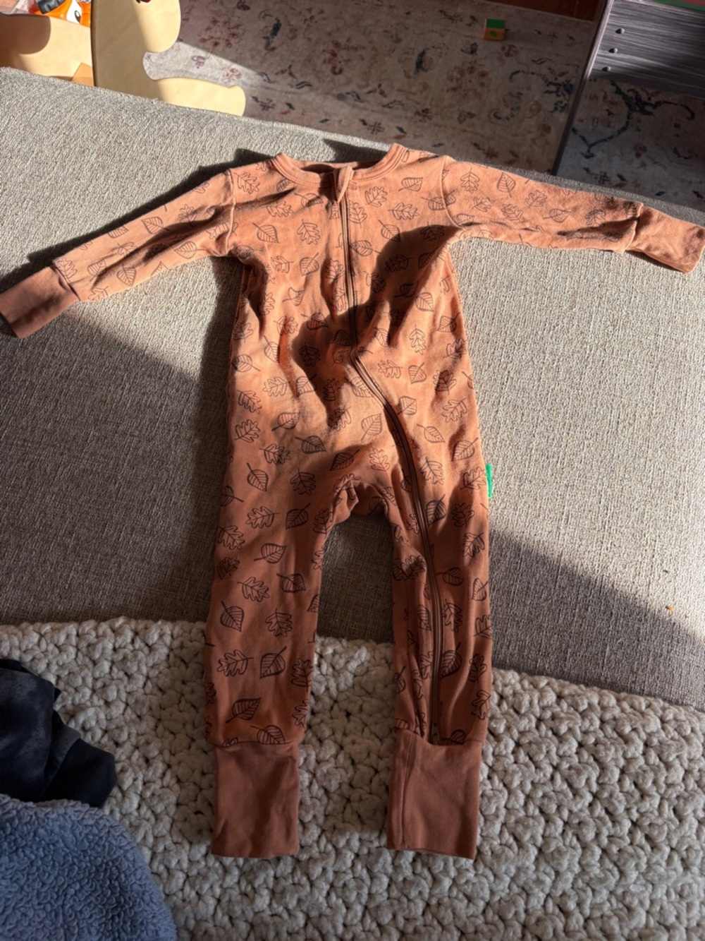 Rust Leaf-Print Zip Front Kids Footie